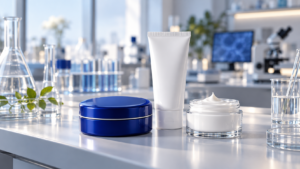 Ilustración editorial de cosméticos genéricos y un laboratorio de cuidado de la piel para el seguimiento de Beiersdorf.