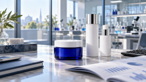 Beiersdorf resultados: ilustración editorial de productos de cuidado de la piel junto a un informe financiero en un laboratorio.