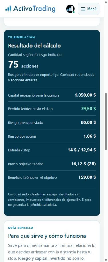 Resultado real en móvil: 75 acciones, inversión de 1.050 dólares, pérdida teórica de 79,50 dólares y objetivo de 16,12 dólares