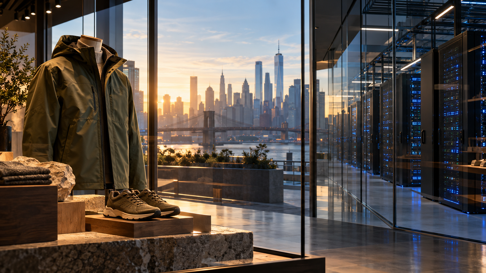 Ilustración editorial de moda, centros de datos y el skyline de Manhattan al amanecer.