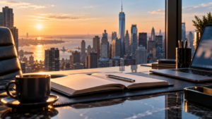 Ilustración editorial de un escritorio de análisis con vistas de Manhattan al amanecer.