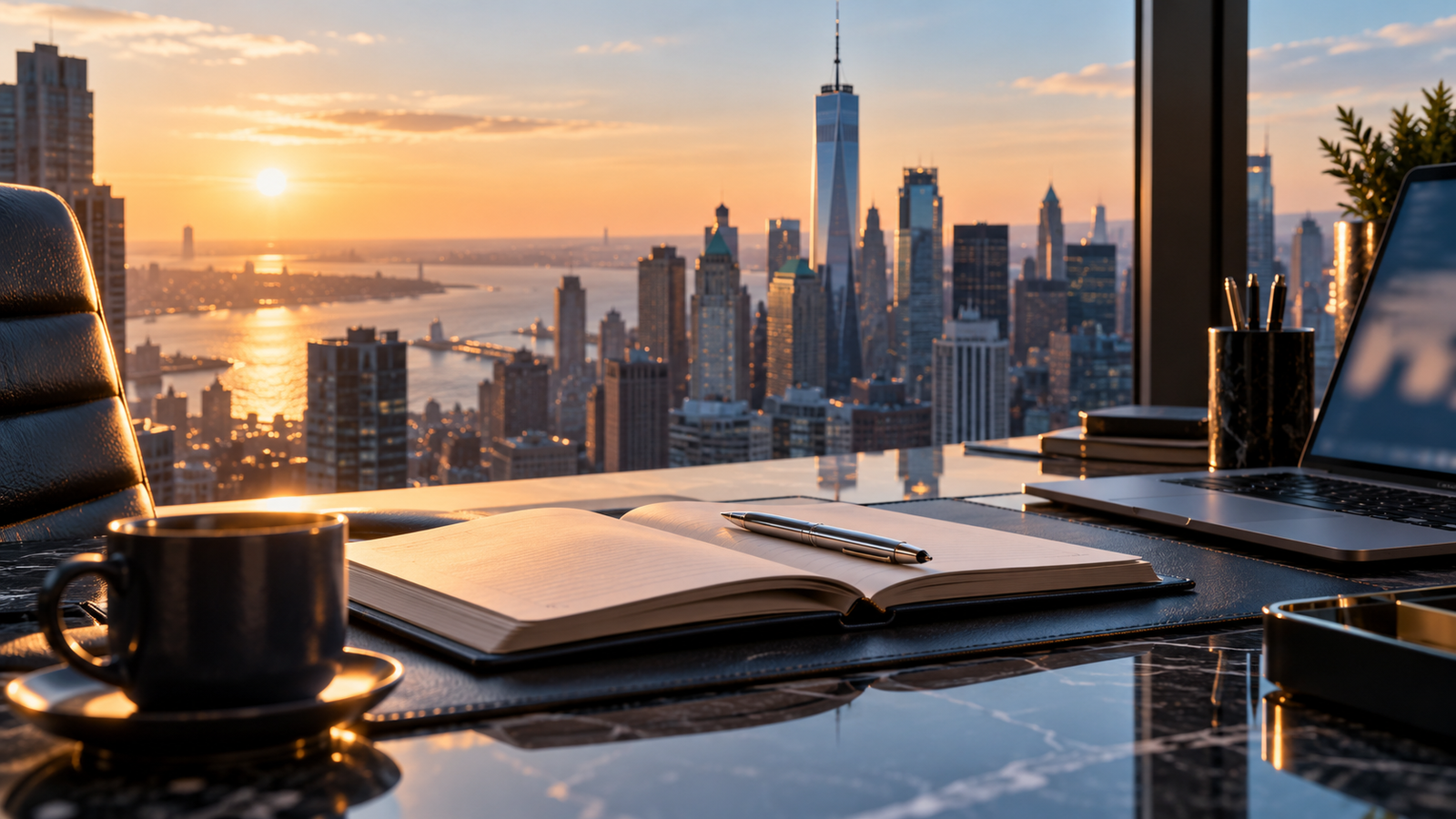 Ilustración editorial de un escritorio de análisis con vistas de Manhattan al amanecer.